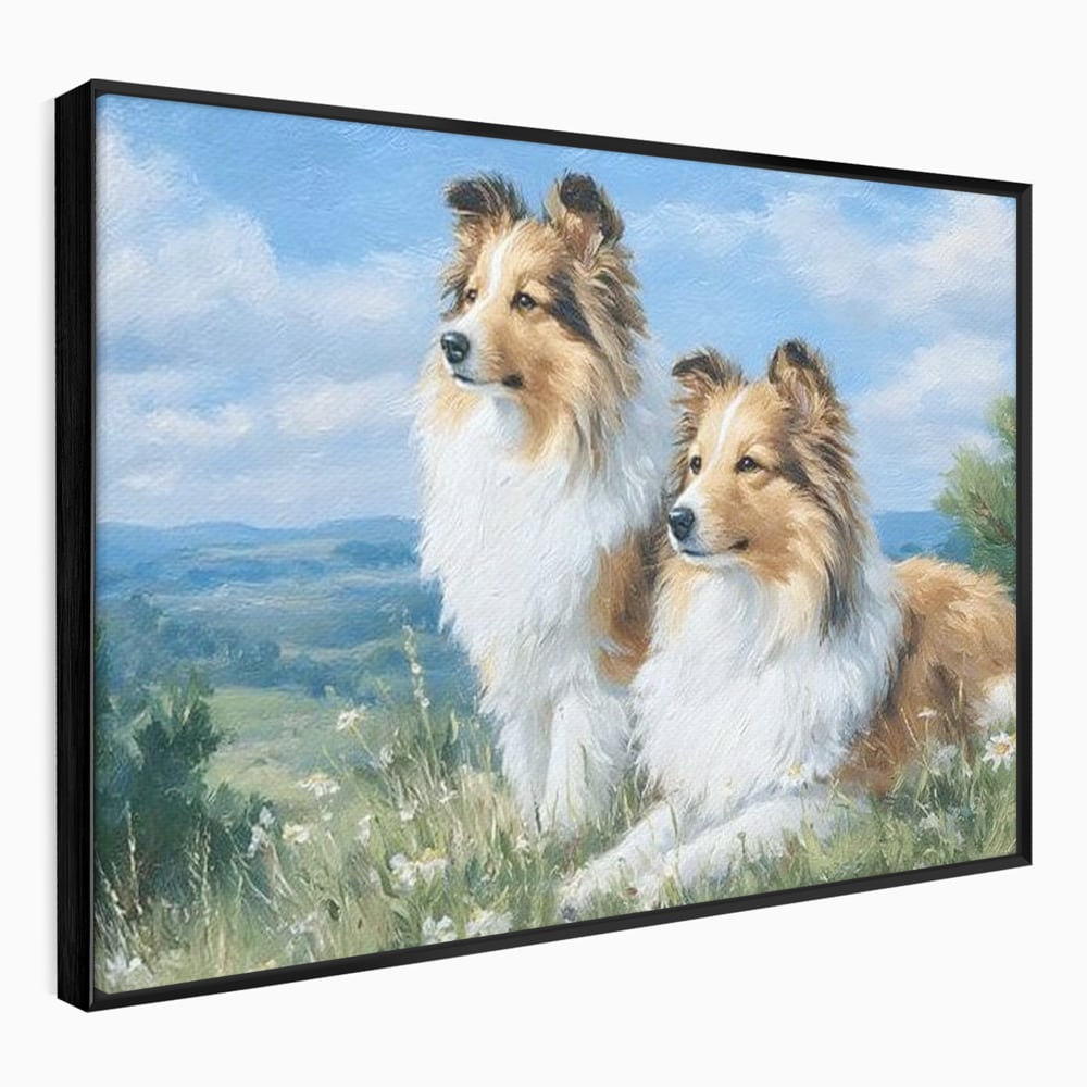 Tablou canvas cu tablou canvas cu doi caini ciobanesti pe un deal, in rama de aluminiu negru
